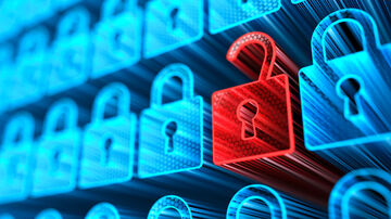 Data security Stylized blue closed padlocks and a red open padlock symbolize how data security leaks can be identified with T Business data security solutions.