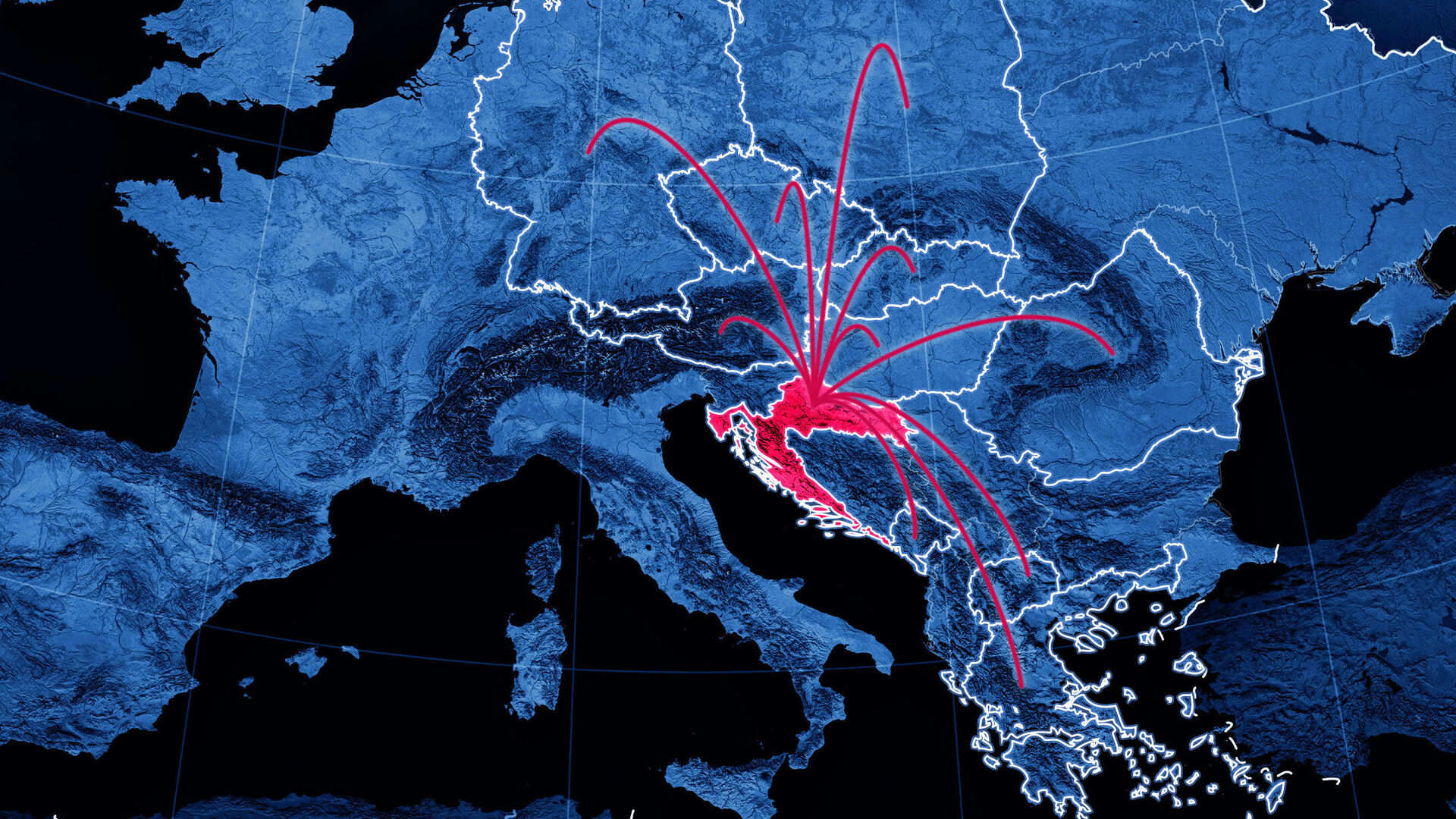 A map of Europe in blue with Croatia colored magenta as Center of Excellence and magenta lines going from Croatia to the other NatCos of T Business Europe showing the expansion of vCISO.