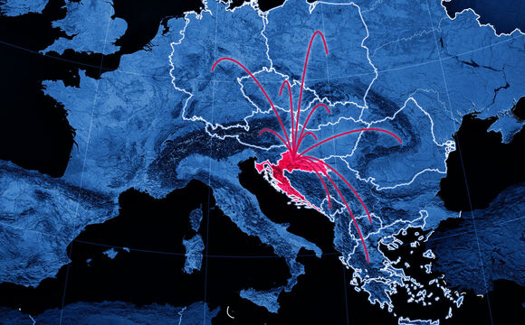 A map of Europe in blue with Croatia colored magenta as Center of Excellence and magenta lines going from Croatia to the other NatCos of T Business Europe showing the expansion of vCISO.