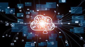 Data security A stylized cloud is surrounded by IT icons and computer code to visualize T Business data security solutions, such as data loss prevention software.
