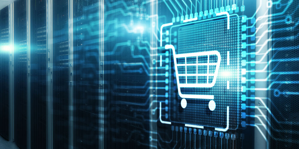 A black and bluish data center with a big white e-commerce logo on 3d Electronic Circuit Board Chip.