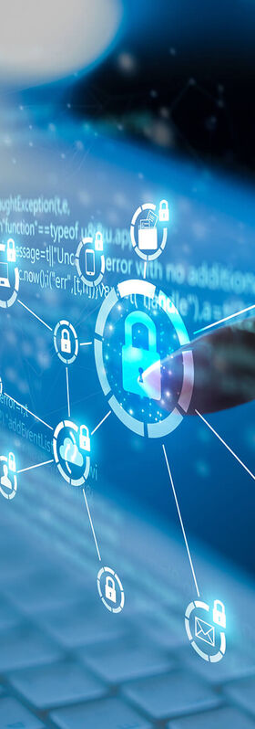 Logistics IT Solutions A finger points to a virtual data network consisting of icons for logistics IT solutions