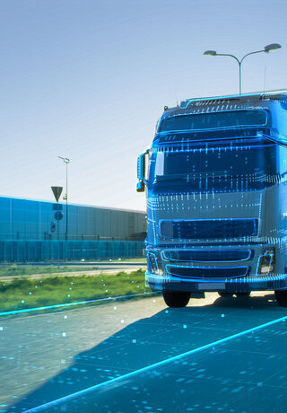Advanced Technology Concept: Big White Semi-Truck with Cargo Trailer Drives on the Road is Transformed with Graphics and Special Effects Into Digital Twin Futuristic Concept of Autonomous Vehicle