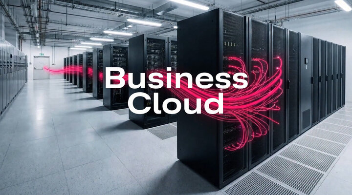 A data center server room with rows of black server racks under bright industrial lighting, featuring the white text "Business Cloud" overlaid in the center, surrounded by dynamic, glowing pink light streams weaving through the equipment.
