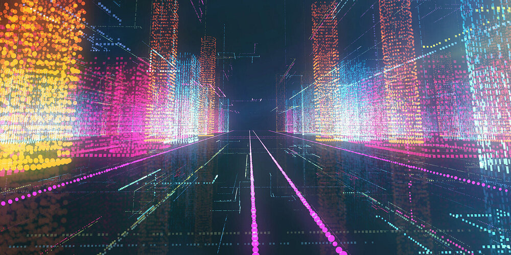 Digital city with colorful lights pointing the way to ICT solutions in Europe