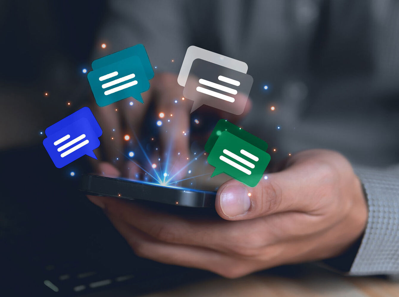 A person sitting on a desk with a laptop on it holding a smartphone in the hands and floating chat icons floating above the smartphone.