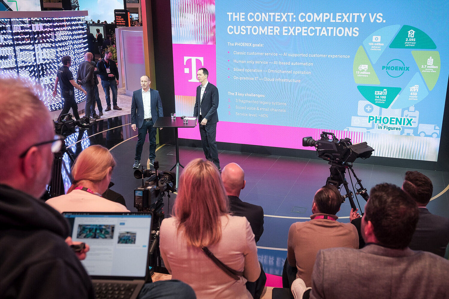 Two presenters on a stage stand before a large screen detailing Deutsche Telekom's "PHOENIX" goals and figures during a presentation at the Mobile World Congress (MWC) 2026.
