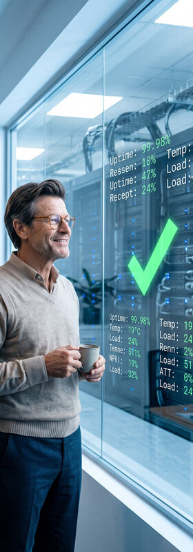 Business cloud A smiling man is observing real-time server metrics, and a green checkmark on a transparent digital display signals that everything is working optimally.