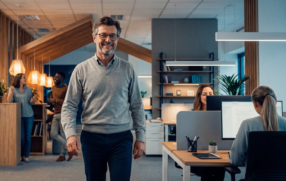 Cloud computing A smiling manager walking through a modern office environment.