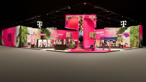 The booth of T Business at the MWC 2025 in Barcelona The frontal view of the booth of T Business at the MWC 2025 in Barcelona.