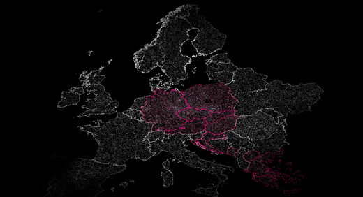 Europe shown on a black background and in white outlines with some countries in magenta color showing where Telekom Business Europe operates.
