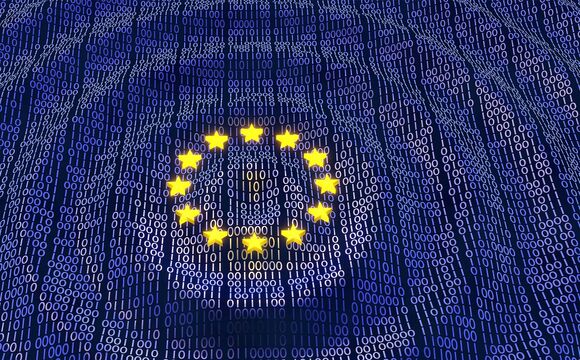 A European flag, but the background is littered with 0s and 1s.