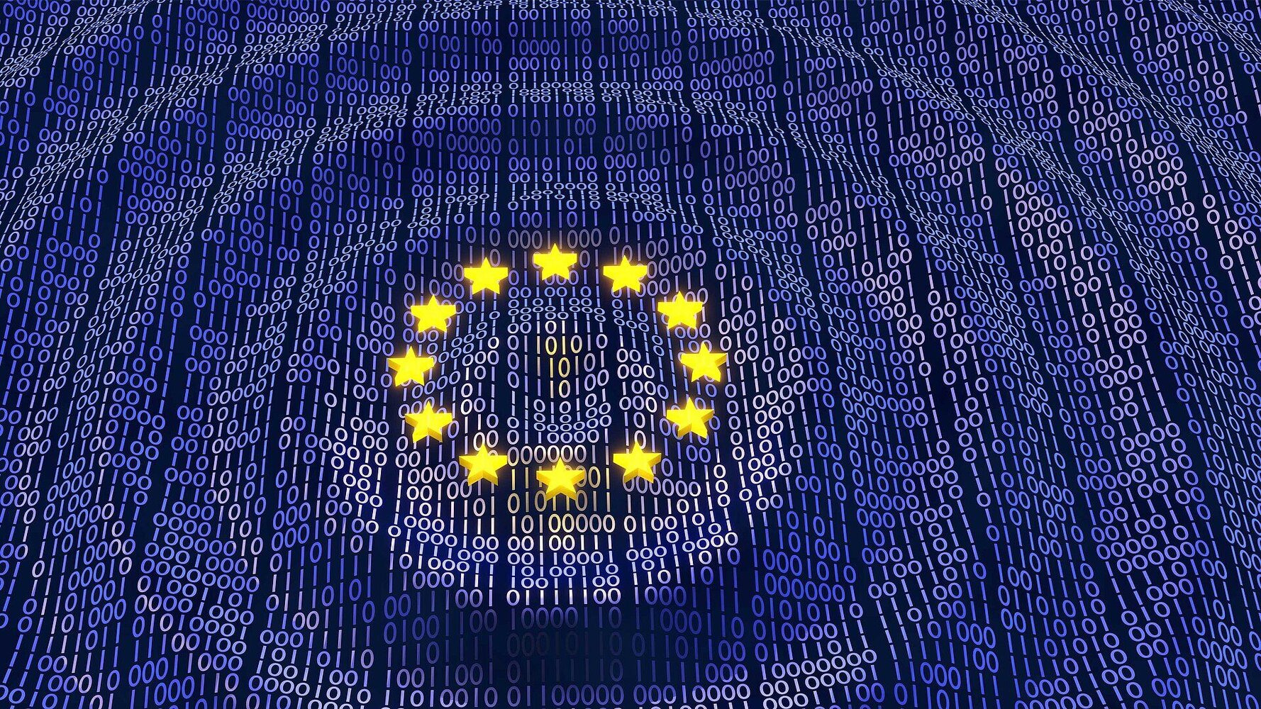 A European flag, but the background is littered with 0s and 1s.