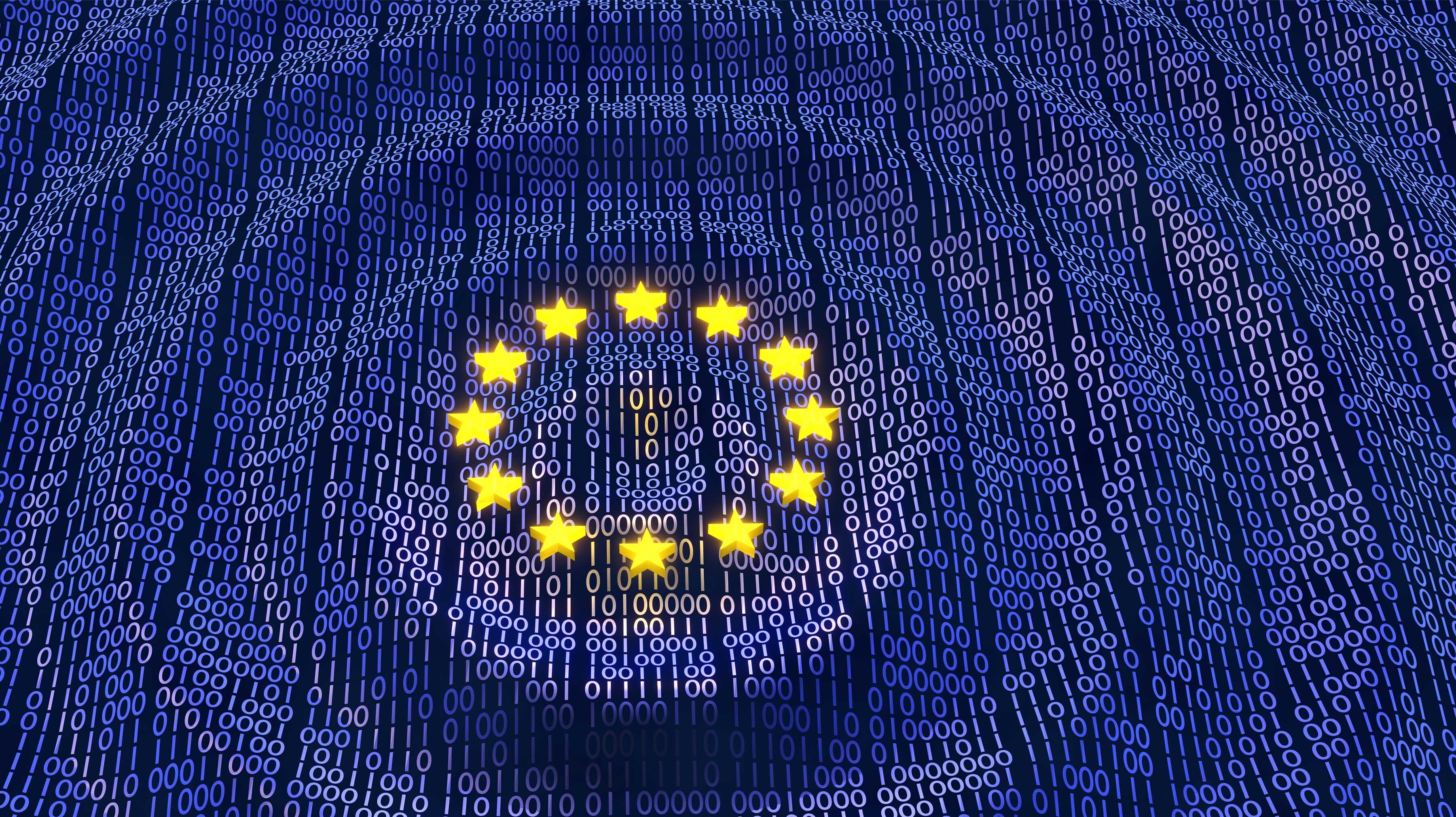 NIS2 Directive A European flag, but the background is littered with 0s and 1s.