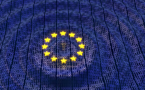 A European flag, but the background is littered with 0s and 1s.