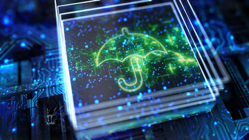 Data security A stylized green umbrella on a computer chip symbolizes data security solutions from T Business such as cyber insurance products.