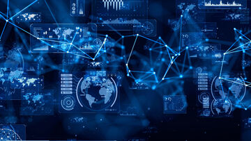 Business IT security A blue background with stylized world maps, diagrams, and various icons symbolizes Security Orchestration, Automation, and Response Service, an business IT security solution from T Business.