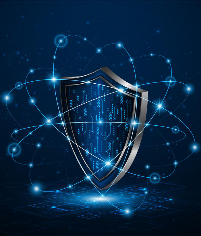 SOC Services A stylized protective shield with various technical icons as a symbol for T Business's SOC services.