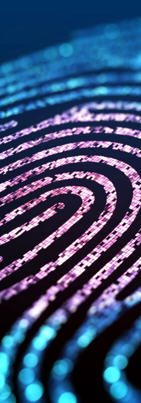 Security risks A glowing fingerprint symbolizes how T business solutions can help identify and address security risks.