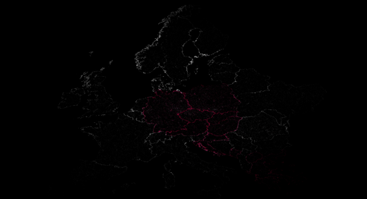 Europe shown on a black background and in white outlines with some countries in magenta color showing where Telekom Business Europe operates.