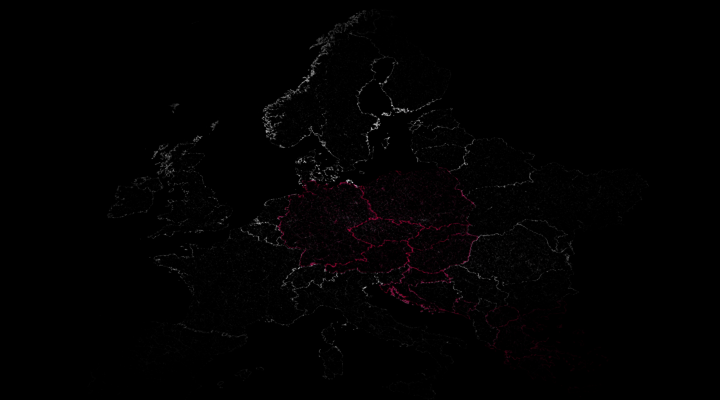 Europe shown on a black background and in white outlines with some countries in magenta color showing where Telekom Business Europe operates.