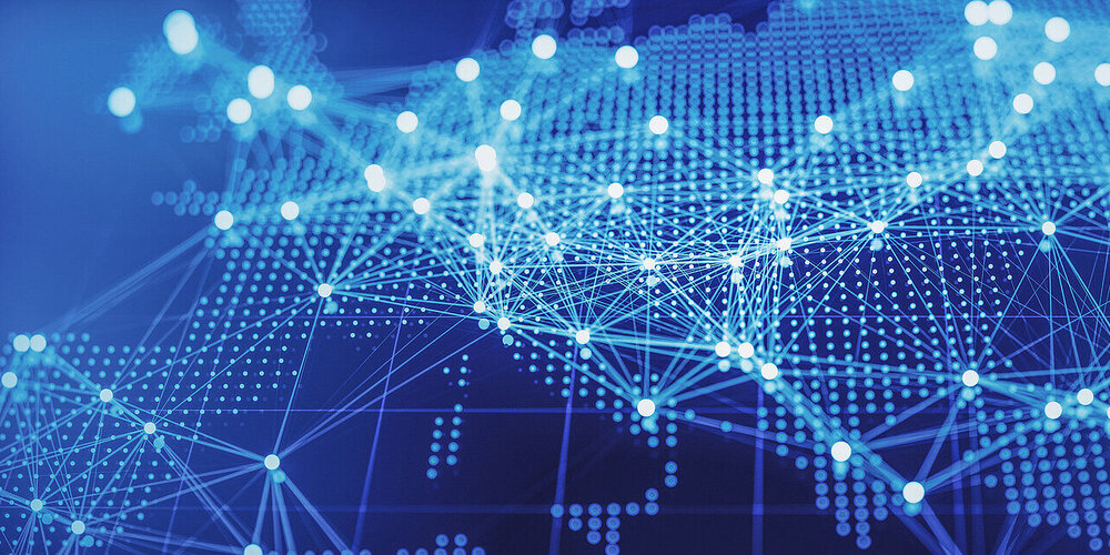 Abstract globe showing ICT solutions in Europe with blue lights and networks