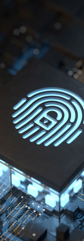 A chip with a glowing fingerprint and a lock on it symbolizes maximum security with big data analytics by T Business.