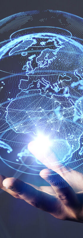 Fast internet connection One hand is depicted holding up an abstract globe on which the global communication network is stylized to illustrate the fast internet connection by T Business.