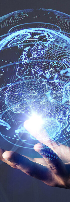 Fast internet connection One hand is depicted holding up an abstract globe on which the global communication network is stylized to illustrate the fast internet connection by T Business.