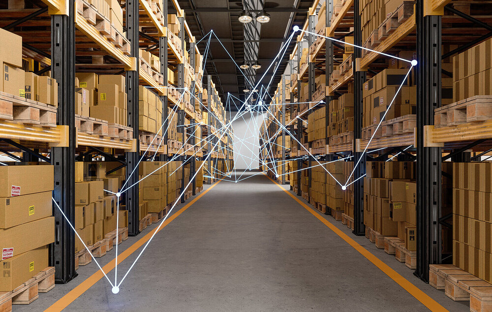 Connectivity solutions A stylized communication network is depicted in a warehouse, symbolizing the connectivity solutions of T Business.