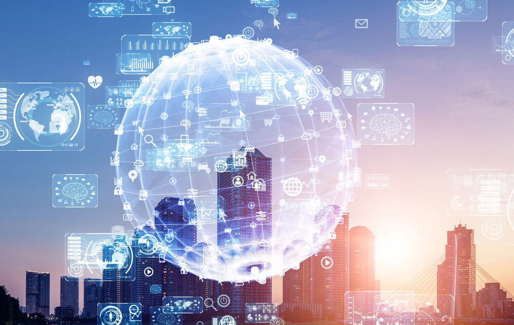 A virtual globe in front of a city skyline, representing the Communication Network for public sector IT solutions in Europe