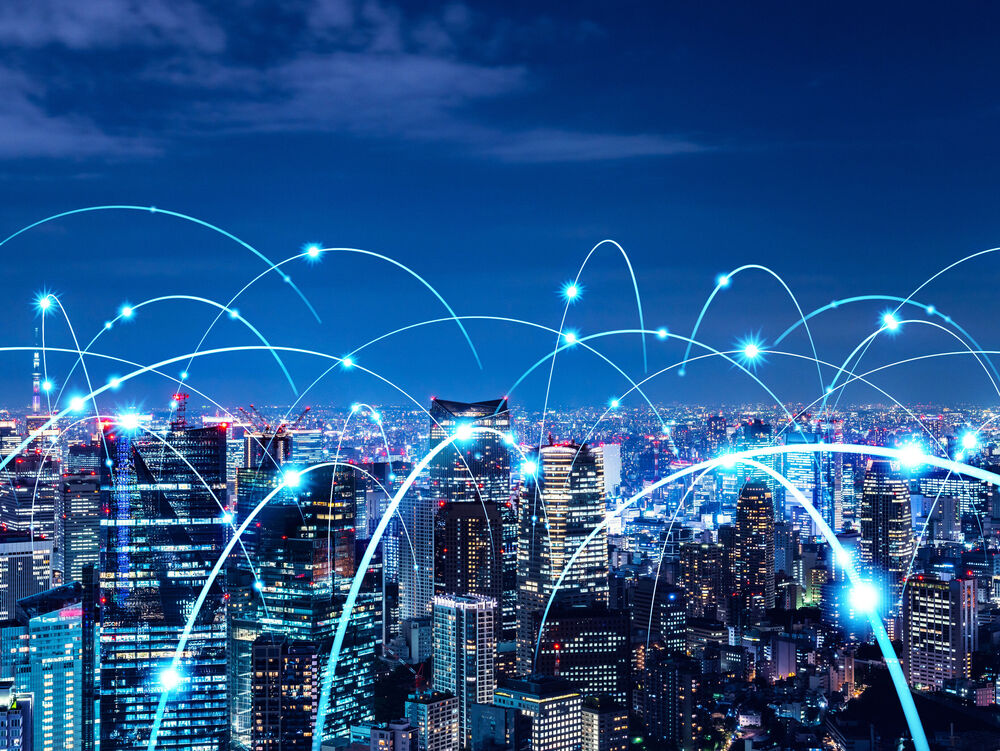 Connectivity solutions A city with light blue lines showing how SD-X from T Business is easily connecting branches for a better IT infrastructure.