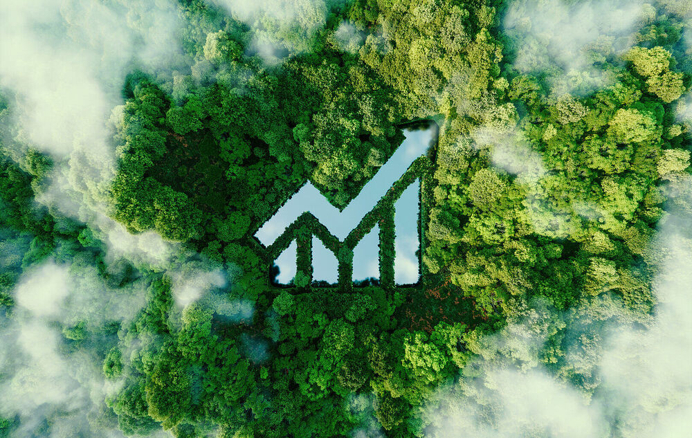 Digitalization A lake in the shape of a rising graph in the middle of untouched nature visualizes economic and green growth through digitalization with future-proof solutions by T Business.