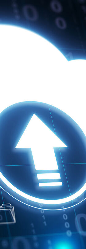 Cloud migration A virtual cloud with an upload icon on it symbolizes cloud migration by T Business.