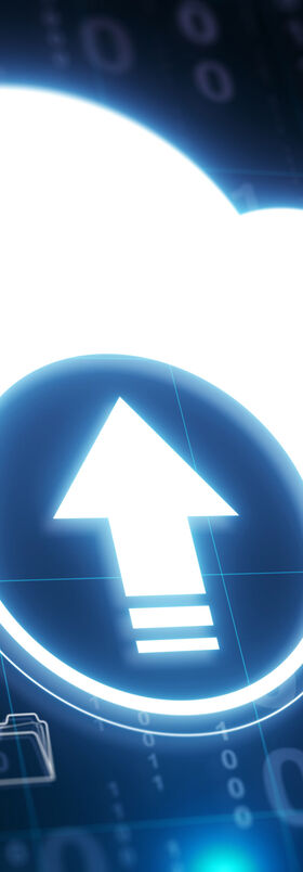 Cloud migration A virtual cloud with an upload icon on it symbolizes cloud migration by T Business.