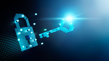 Data security A stylized, illuminated padlock with a matching key symbolizes data security solutions from T Business such as end-point protection.