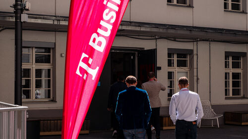 Digital Transformation in Banking & Insurance Industry Entrance with T Business flag at Digital Transformation in Banking & Insurance Industry