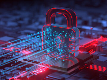 A lock on stylized conductor tracks symbolizes data security and compliance with the next generation hybrid data center, T Business solution.