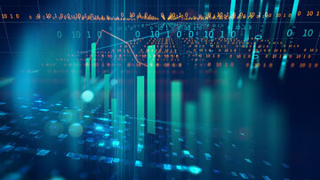NIS2 Requirements A blue screen with turquoise-colored statistics bars and strings of numbers in the background.