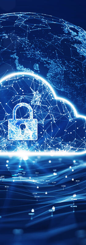 A cloud with a padlock in front of a stylized globe symbolizes secure and scalable systems with Microsoft FastTrack, a service from T Business.