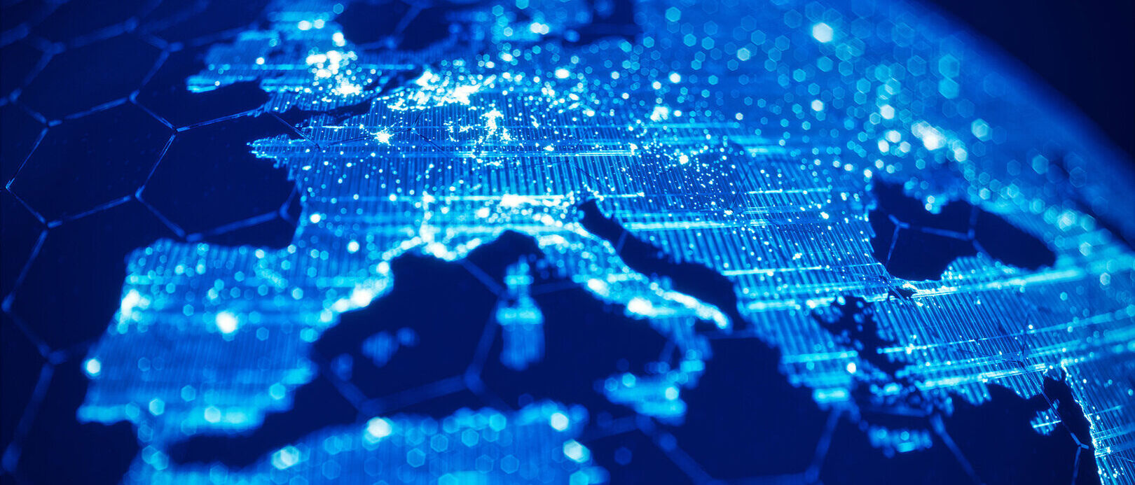 ICT solutions Europe Blue illuminated map of Europe shows ICT solutions