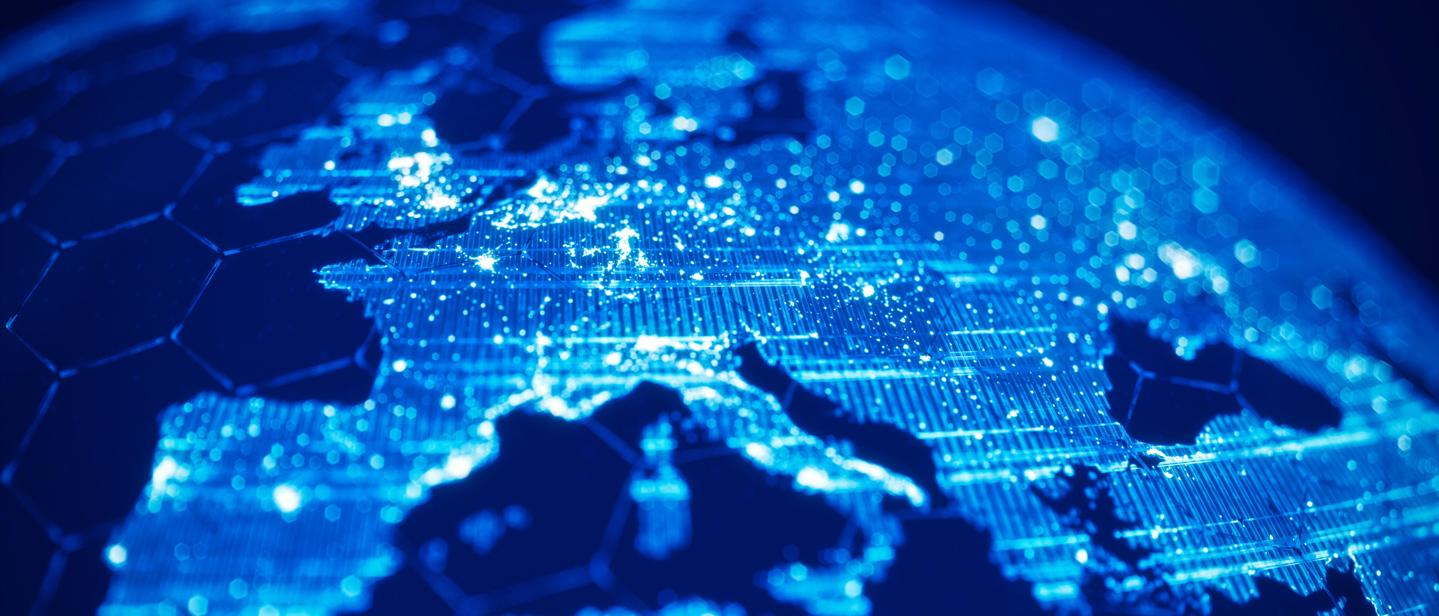 ICT solutions Europe Blue illuminated map of Europe shows ICT solutions