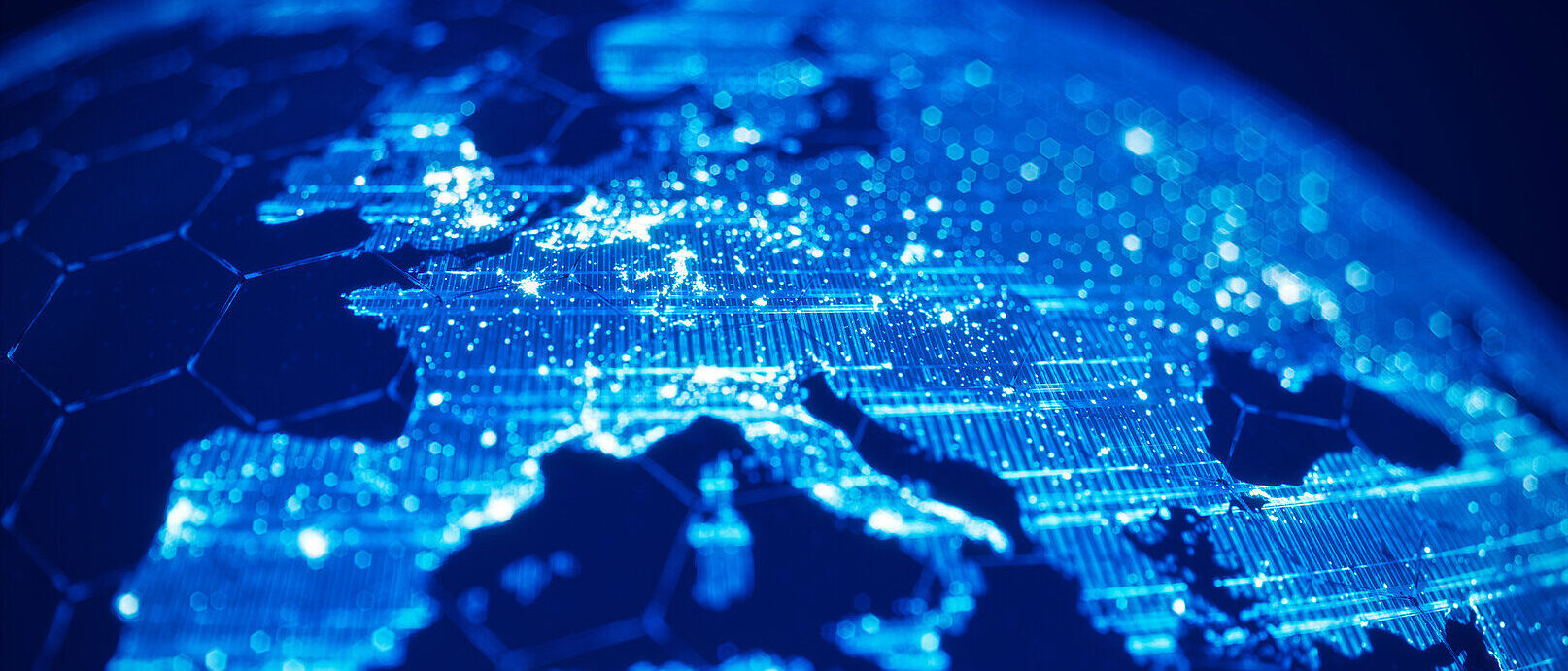 ICT solutions Europe Blue illuminated map of Europe shows ICT solutions