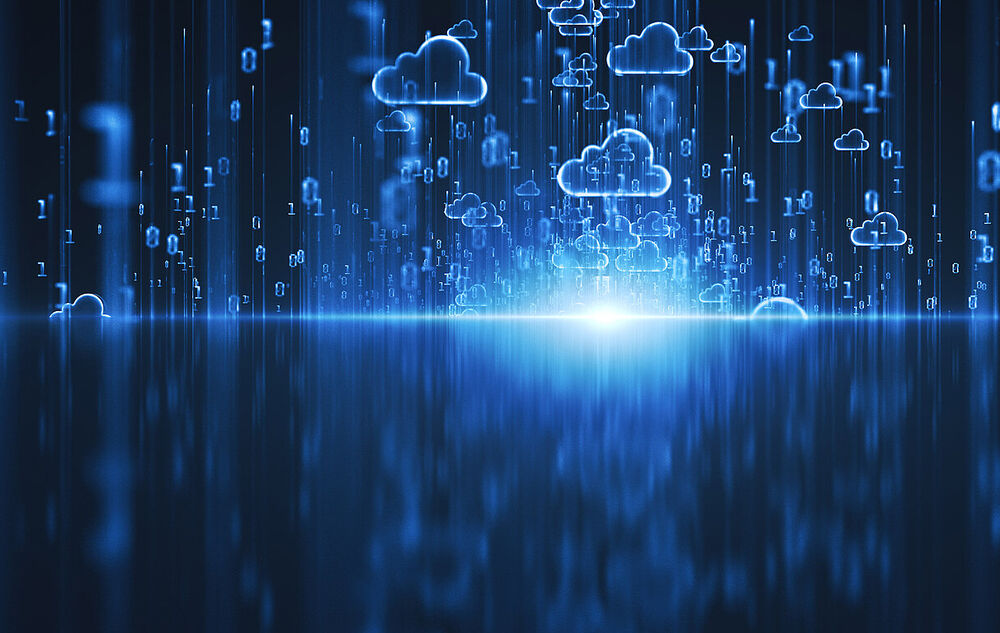 Digitalization An abstract background of glowing blue clouds and digital icons symbolizes monetizing data with digitalization by T Business.