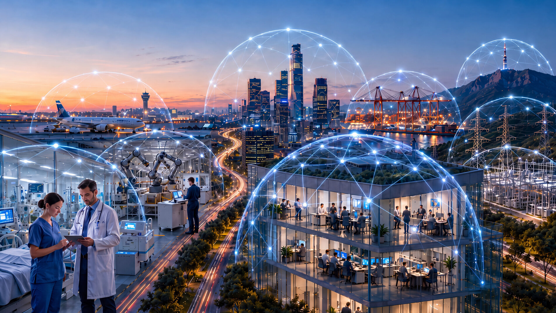 5G Campus Network use cases Futuristic smart city overview with interconnected digital network domes covering healthcare, industry, office buildings, and transportation hub