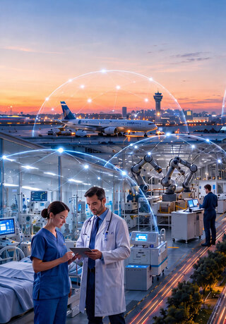 5G Campus Network use cases Futuristic smart city overview with interconnected digital network domes covering healthcare, industry, office buildings, and transportation hub