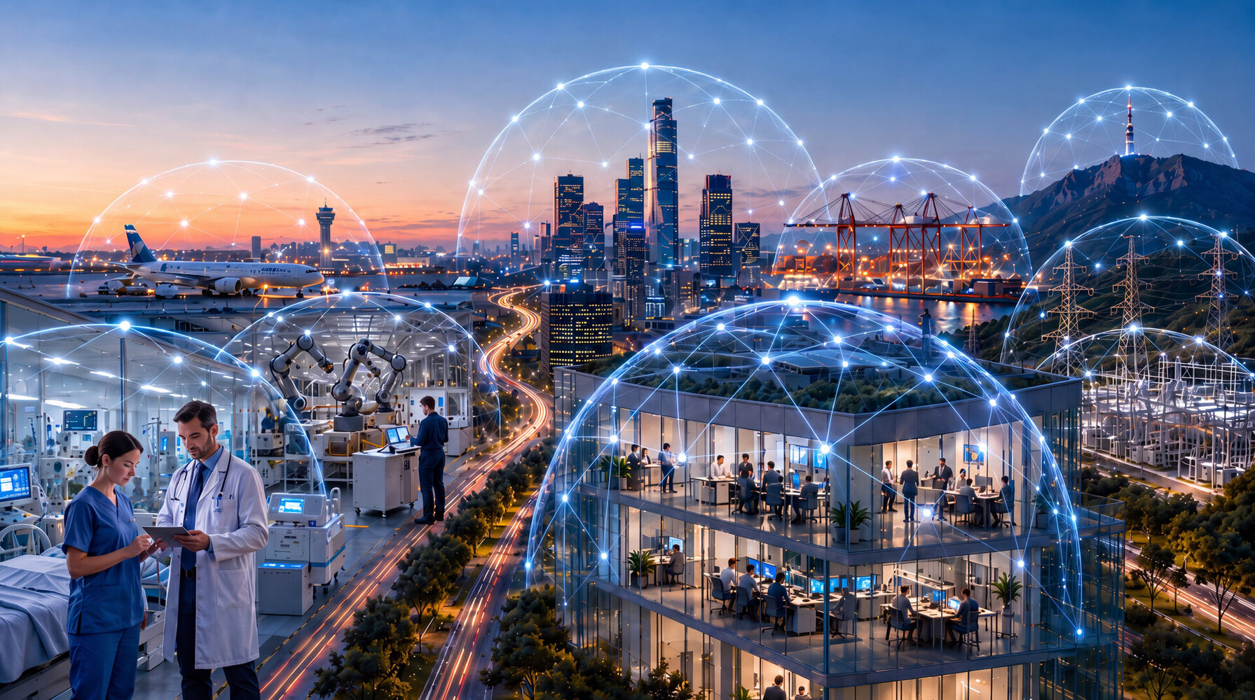 Futuristic smart city overview with interconnected digital network domes covering healthcare, industry, office buildings, and transportation hub