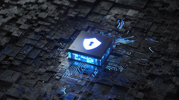 Data security A protective shield with a keyhole on a computer chip visualizes a managed web application firewall, a data security solution from T Business.