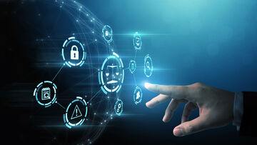 Data security A hand points to various interconnected security icons to visualize how unique Information Technology (IT) security policies can be managed with T-Business data security solutions.