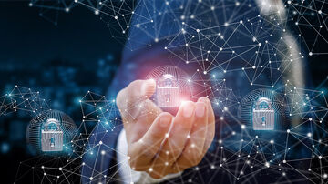 Data security A hand touches a padlock in a stylized network to symbolize an intrusion prevention system, a data security solution from T Business.